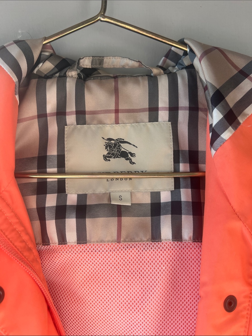 Burberry Bright Orange Hooded Raincoat with Check Lining - Picture 13 of 13
